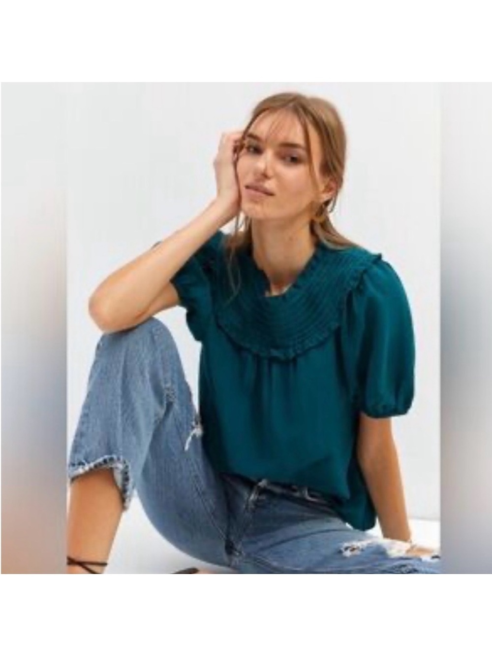 Anthropologie Teal Pleated Yoke Puff Sleeve Top